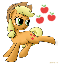 Size: 1830x2012 | Tagged: safe, artist:ashtoneer, applejack, earth pony, pony, bedroom eyes, bucking, cutie mark, hoof popping, looking back, simple background, smiling, solo, white background