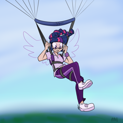 Size: 1800x1800 | Tagged: safe, artist:egophiliac, derpibooru import, twilight sparkle, twilight sparkle (alicorn), alicorn, human, air ponyville, colored, flying, goggles, humanized, parachute, skydiving, wings