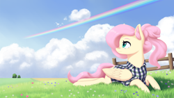 Size: 2000x1125 | Tagged: safe, artist:mrscroup, fluttershy, pegasus, pony, alternate hairstyle, clothes, cloud, cute, female, flower, flower field, folded wings, grass, grass field, head turn, implied rainbow dash, looking away, looking back, looking up, mare, outdoors, prone, shirt, shyabetes, sky