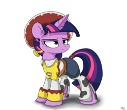 Size: 900x786 | Tagged: dead source, safe, artist:mistydash, derpibooru import, twilight sparkle, unicorn twilight, unicorn, clothes, costume, cowgirl, jessie (toy story), needs more jpeg, solo, toy story, twilight is not amused, unamused