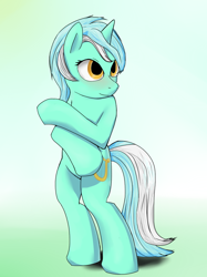 Size: 746x1000 | Tagged: safe, artist:ch33zus, lyra heartstrings, pony, bipedal, blushing, solo