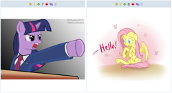 Size: 511x275 | Tagged: safe, derpibooru import, fluttershy, twilight sparkle, pegasus, pony, derpibooru, exploitable meme, juxtaposition, juxtaposition win, meme, meta