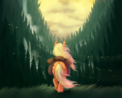 Size: 1250x1000 | Tagged: safe, artist:kallarmo, applejack, earth pony, pony, applebutt, both cutie marks, female, forest, grass, hat, hatless, looking away, mare, missing accessory, plot, rainbow waterfall, saddle bag, scenery, solo, tree, waterfall, windswept mane