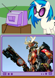 Size: 564x800 | Tagged: safe, dj pon-3, vinyl scratch, pony, unicorn, armor, dj gun, exploitable meme, gun, hinawa daidai dj ju, kachidoki arms, kamen rider, kamen rider gaim, meme, obligatory pony, samurai, tokusatsu, tv meme