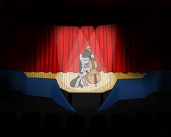 Size: 1024x819 | Tagged: safe, artist:yuradhear, octavia melody, earth pony, pony, audience, bowtie, cello, curtain, cutie mark, eyes closed, musical instrument, performance, spotlight, stage