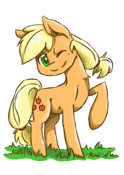 Size: 595x842 | Tagged: safe, artist:thesungods, applejack, earth pony, pony, chest fluff, hatless, missing accessory, one eye closed, raised hoof, simple background, solo, transparent background, wink