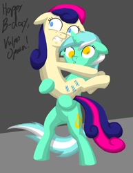 Size: 1078x1398 | Tagged: safe, artist:grandpalove, bon bon, lyra heartstrings, sweetie drops, pony, bipedal, carrying, derp, no pupils