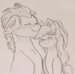 Size: 1189x1167 | Tagged: safe, artist:artistcoolpony, applejack, soarin', earth pony, pony, blushing, ear fluff, eyes closed, female, floppy ears, male, monochrome, nuzzling, pencil drawing, shipping, smiling, soarinjack, straight, traditional art