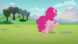 Size: 1280x720 | Tagged: safe, screencap, pinkie pie, earth pony, pony, the mane attraction, apple tree, female, grass, mare, mountain, plot, raised hoof, solo, tree