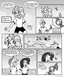 Size: 836x998 | Tagged: safe, artist:crydius, applejack, pinkie pie, rarity, comic:annual chs flag hunt, equestria girls, candy, comic, crossover, food, lord dominator, monochrome, oh no, shoes, sneakers, this will end in pain, wander over yonder, wingding eyes