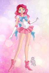 Size: 400x600 | Tagged: safe, artist:r1sw2016, pinkie pie, human, boots, clothes, cosplay, costume, crossover, high heel boots, humanized, legs, miniskirt, sailor moon, skirt, solo