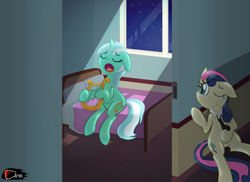 Size: 3300x2400 | Tagged: safe, artist:ggumbaramggun, bon bon, lyra heartstrings, sweetie drops, earth pony, pony, unicorn, bed, bedroom, crying, female, lesbian, lyrabon, mare, moonlight, night, shipping, singing, song, stars