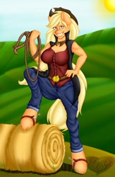 Size: 835x1280 | Tagged: safe, artist:manestreamstudios, applejack, anthro, unguligrade anthro, applerack, big breasts, breasts, clothes, female, grin, hay bale, jeans, lasso, looking at you, pants, shirt, smiling, solo, spurs