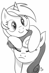 Size: 519x772 | Tagged: safe, artist:ehfa, bon bon, lyra heartstrings, sweetie drops, earth pony, pony, unicorn, black and white, bon bon is not amused, cute, duo, eyes closed, grayscale, looking at you, monochrome, simple background, smiling, white background