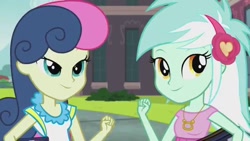 Size: 1280x720 | Tagged: safe, bon bon, lyra heartstrings, sweetie drops, equestria girls, clothes, duo, female