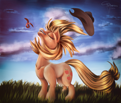 Size: 2700x2300 | Tagged: safe, artist:ferasor, applejack, earth pony, pony, eyes closed, loose hair, solo, windswept mane