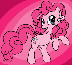 Size: 1600x1440 | Tagged: safe, artist:jennieoo, artist:trimara, pinkie pie, pony, abstract background, bow, hair bow, pink, rearing, solo