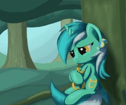 Size: 1200x1000 | Tagged: safe, artist:grennadder, lyra heartstrings, grass, lyre, sad, solo, tree