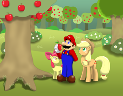 Size: 3248x2550 | Tagged: safe, artist:faren916, apple bloom, applejack, human, apple, crossover, food, mario, sisters, super mario bros., sweet apple acres, tree, trio