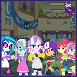 Size: 800x800 | Tagged: safe, apple bloom, diamond tiara, dj pon-3, scootaloo, silver spoon, sweetie belle, vinyl scratch, equestria girls