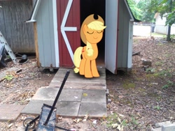 Size: 2048x1536 | Tagged: safe, artist:tokkazutara1164, applejack, barn, eyes closed, irl, photo, ponies in real life, solo, vector