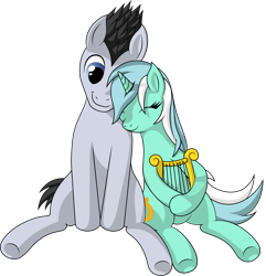 Size: 3004x3122 | Tagged: safe, artist:furor1, lucky clover, lyra heartstrings, earth pony, pony, unicorn, cute, eyes closed, female, happy, lyraclover, lyre, male, shipping, simple background, smiling, straight, transparent background, vector