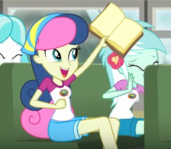 Size: 620x538 | Tagged: safe, screencap, bon bon, lyra heartstrings, sweetie drops, equestria girls, legend of everfree, adorabon, book, cute, open mouth, sitting, smiling, solo focus