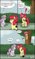 Size: 1823x3051 | Tagged: safe, artist:ciriliko, apple bloom, scootaloo, sweetie belle, spider, comic, creeper, cutie mark crusaders, prank, tree, zas