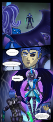 Size: 1516x3525 | Tagged: safe, artist:symptom99, flash sentry, nightmare rarity, rarity, comic:a battle to save a possessed soul, equestria girls, arm cannon, armor, aura, blade, comic, commission, crystal guard armor, crystal guardian, dark magic, dark samus, dialogue, energy weapon, equestria girls-ified, evil grin, evil smirk, eyes closed, female, floating, flying, geode of shielding, grass, grass field, grin, heterochromia, imminent battle, imminent fight, lighting, looking at each other, looking down, looking up, magic, magical geodes, male, metroid, nightmarified, phazon, possessed, shocked expression, shoes, sinister smile, smiling, smirk, speech bubble, talking, too late, transformation, weapon, wings