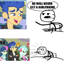 Size: 544x514 | Tagged: safe, edit, edited screencap, screencap, bon bon, flash sentry, lyra heartstrings, sweetie drops, equestria girls, caption, cereal guy, humans standing next to each other, image macro, lyraflashbon, meme