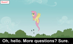 Size: 1600x973 | Tagged: safe, fluttershy, pegasus, pony, comic:celestia's servant interview, caption, cs captions, female, flying, interview, leaf, mare, solo, tree