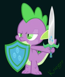 Size: 827x966 | Tagged: safe, artist:krieger11, spike, dragon, female, green background, implied shipping, implied sparity, implied straight, male, shield, shipping, signature, simple background, solo, sparity, straight, sword, weapon