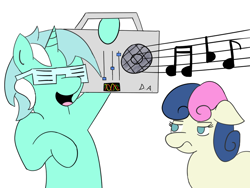 Size: 800x600 | Tagged: safe, artist:dizastaart, bon bon, lyra heartstrings, sweetie drops, 80s, annoyed, bon bon is not amused, boombox, music notes, shutter shades