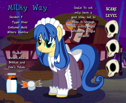 Size: 875x715 | Tagged: safe, artist:flash equestria photography, oc, oc only, oc:milky way, earth pony, pony, alternate hairstyle, asahina mikuru, ask, clothes, costume, crossover, female, maid, mare, melancholy of haruhi suzumiya, milk, milk bottle, nightmare night, nightmare night costume, skull, solo, tail bow, tumblr