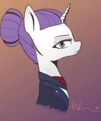 Size: 1544x1846 | Tagged: safe, alternate version, artist:pinkberry, rarity, pony, unicorn, alternate hairstyle, alternate timeline, ascot tie, clothes, gradient background, hair bun, looking at you, night maid rarity, nightmare takeover timeline, simple shading, suit