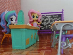 Size: 1512x1134 | Tagged: safe, artist:whatthehell!?, fluttershy, princess celestia, principal celestia, equestria girls, board, chair, classroom, clothes, desk, doll, equestria girls minis, gem, irl, musical instrument, photo, tambourine, toy