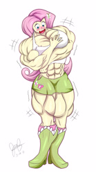 Size: 2108x3800 | Tagged: safe, artist:nokozeze, artist:pandatarius, fluttershy, equestria girls, clothes, fetish, growth, muscle expansion, muscle fetish, muscles, muscleshy, socks, solo