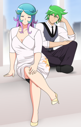Size: 2452x3856 | Tagged: safe, artist:evoheaven, princess celestia, spike, human, breasts, cleavage, clothes, dress, duo, female, high heels, humanized, jewelry, looking at you, male, necklace, necktie, older, older spike, shipping, shoes, spikelestia, straight, suit