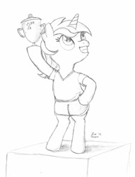 Size: 726x950 | Tagged: safe, artist:pageturner1988, lyra heartstrings, pony, bipedal, black and white, grayscale, monochrome, sketch, solo, trophy