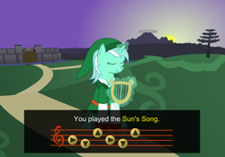 Size: 1124x785 | Tagged: safe, artist:pageturner1988, lyra heartstrings, crossover, link, lyre, music, solo, sun's song, the legend of zelda, the legend of zelda: ocarina of time