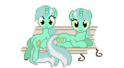 Size: 269x149 | Tagged: safe, artist:jackbread, lyra heartstrings, bench, clones, duality, pixel art, self ponidox, sitting