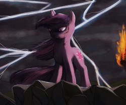 Size: 3000x2500 | Tagged: safe, artist:cuteskitty, derpibooru import, twilight sparkle, action pose, badass, blood, epic, fire, lightning, solo