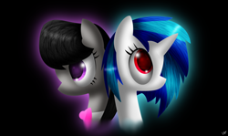 Size: 1024x610 | Tagged: safe, artist:lupiarts, dj pon-3, octavia melody, vinyl scratch, earth pony, pony, unicorn, black mane, female, gray coat, horn, mare, two toned mane, white coat