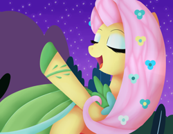 Size: 3300x2550 | Tagged: safe, artist:hetaliafangirl88, fluttershy, pegasus, pony, the best night ever, clothes, dress, eyes closed, eyeshadow, female, gala dress, grand galloping gala, makeup, mare, night, raised hoof, singing, solo