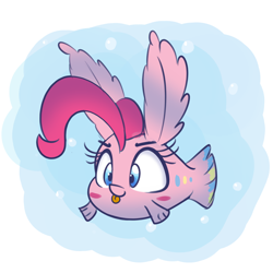 Size: 1280x1280 | Tagged: safe, artist:heir-of-rick, pinkie pie, fish, abstract background, blush sticker, blushing, fishified, impossibly large ears, maybe salmon, ponk, smiling, solo, species swap, swimming, tongue out