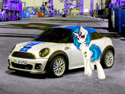 Size: 1600x1200 | Tagged: safe, artist:n0m1, edit, dj pon-3, vinyl scratch, :3, art theft, car, irl, mini cooper, mini coupe, photo, ponies in real life, ponies with cars, solo, underhoof, wrong eye color