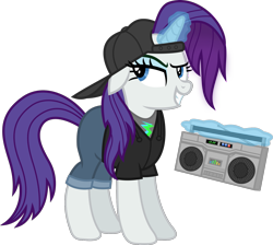 Size: 1527x1369 | Tagged: safe, artist:anime-equestria, derpibooru exclusive, rarity, pony, unicorn, alternate hairstyle, backwards ballcap, baseball cap, boombox, cap, clothes, eyeshadow, female, glowing horn, hat, hip hop, hoodie, horn, jeans, magic, makeup, mare, pants, shirt, simple background, smiling, smirk, solo, transparent background, vector