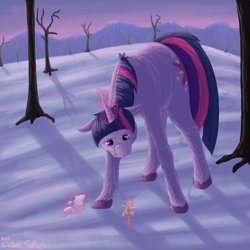 Size: 1500x1500 | Tagged: safe, artist:thedragonfreak77, derpibooru import, twilight sparkle, pony, unicorn, flower, glowing horn, looking at something, looking down, snow, solo