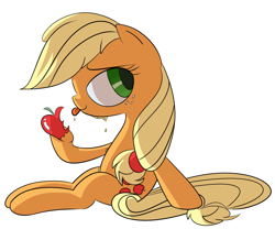 Size: 1200x1000 | Tagged: safe, artist:ajrinxooacj, artist:goat train, applejack, earth pony, pony, eating, hatless, missing accessory, sitting, tongue out