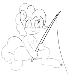 Size: 1280x1258 | Tagged: safe, artist:pabbley, pinkie pie, pony, 30 minute art challenge, fishing rod, monochrome, sitting, sketch, solo